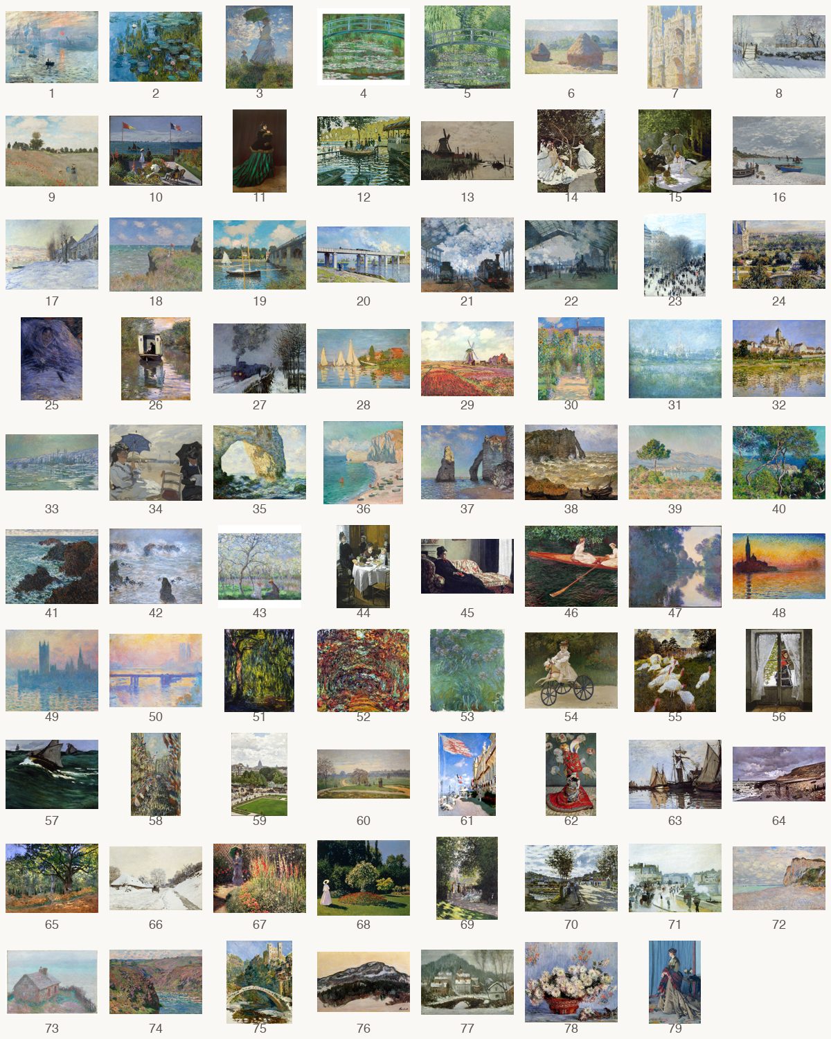 Monet Galleryに収録された79枚の名画の一覧