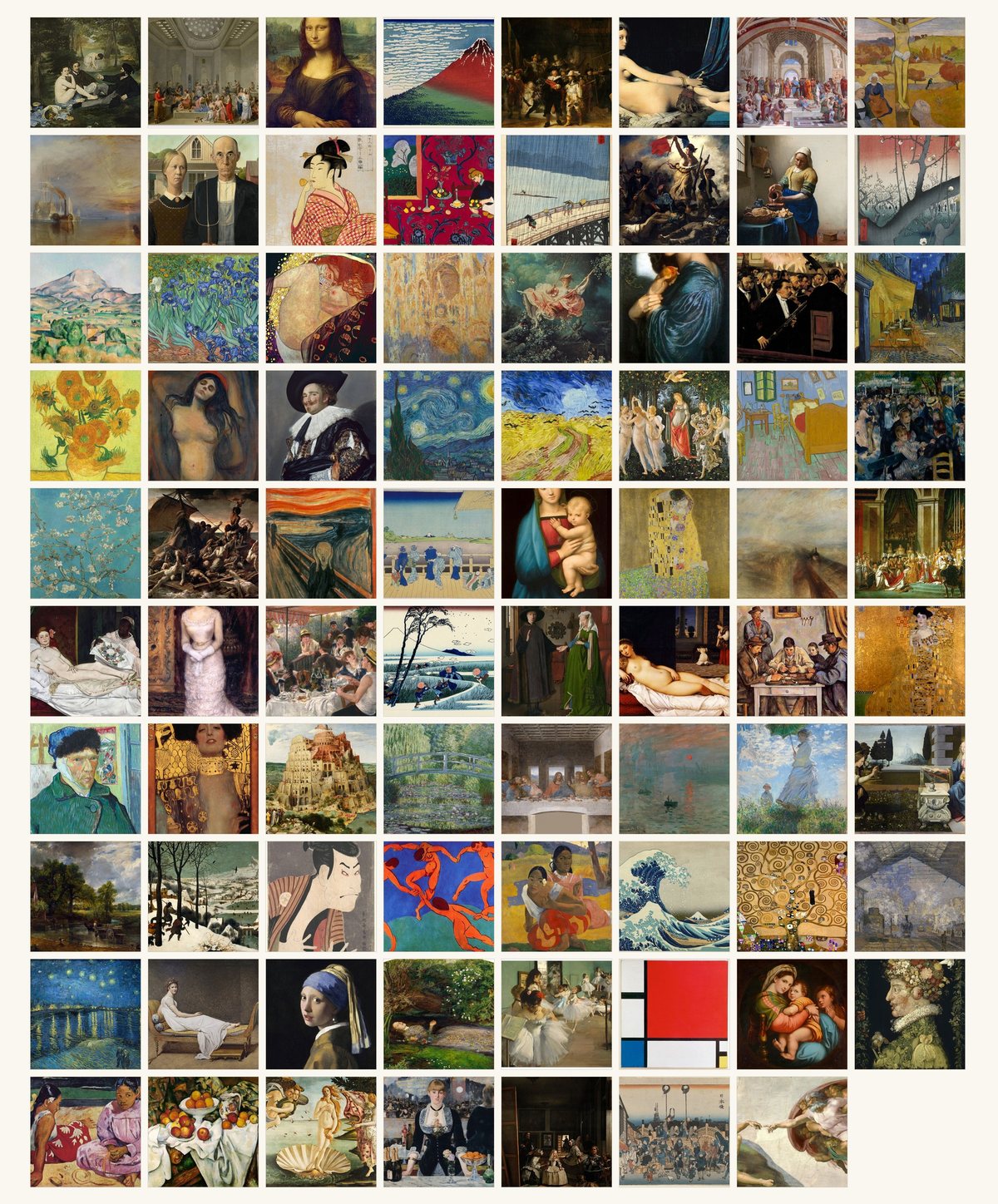 Masterpiece Galleryに収録された79枚の名画の一覧